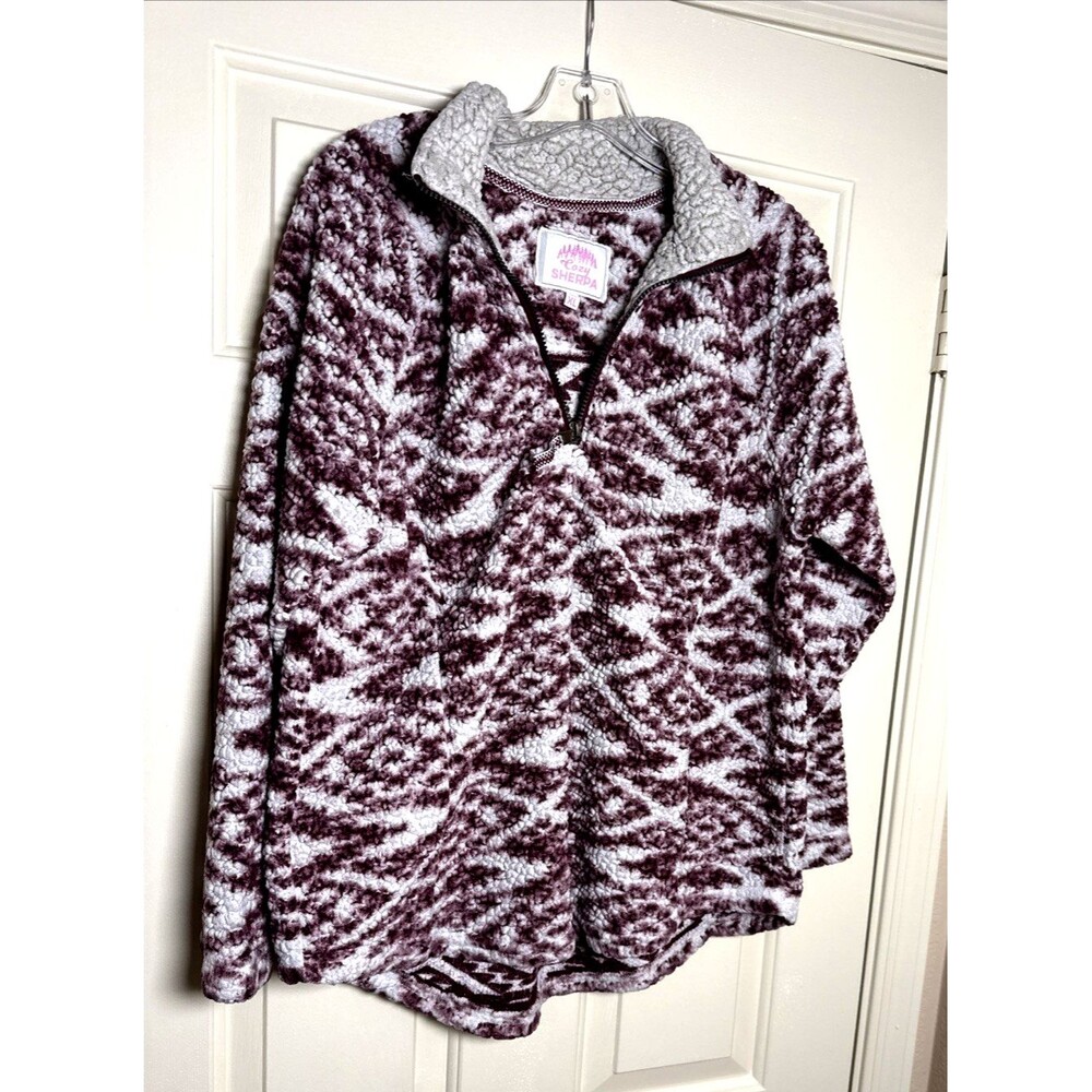 Cozy Sherpa Women's XL Pullover, Rose & White Aztec/Southwestern design,1/4 Zip